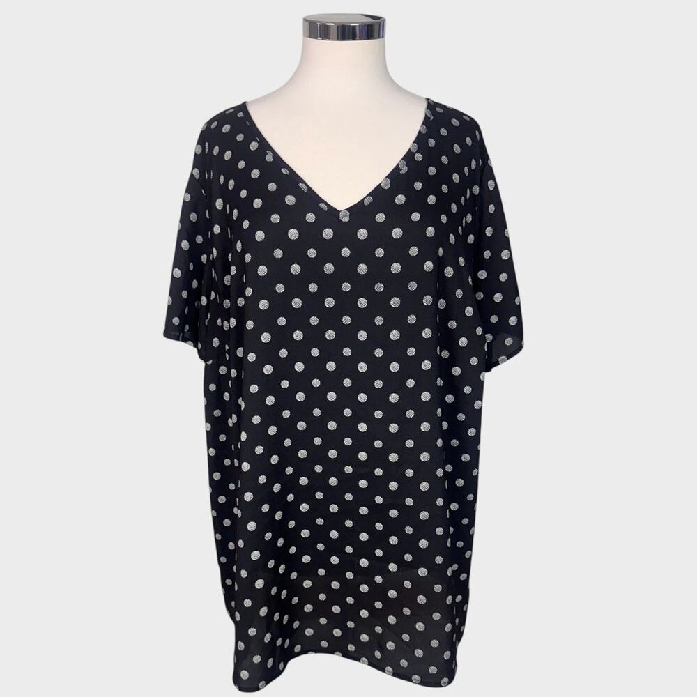 41 Hawthorn 3X Black with White Polka Dots V Neck Short Sleeve Top Polyester